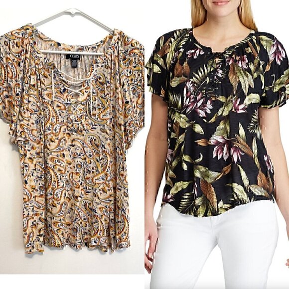 CHAPS Jersey Flutter Sleeve Top Cream Yellow Multi Paisley Lace Up Short Sleeve - Picture 1 of 13